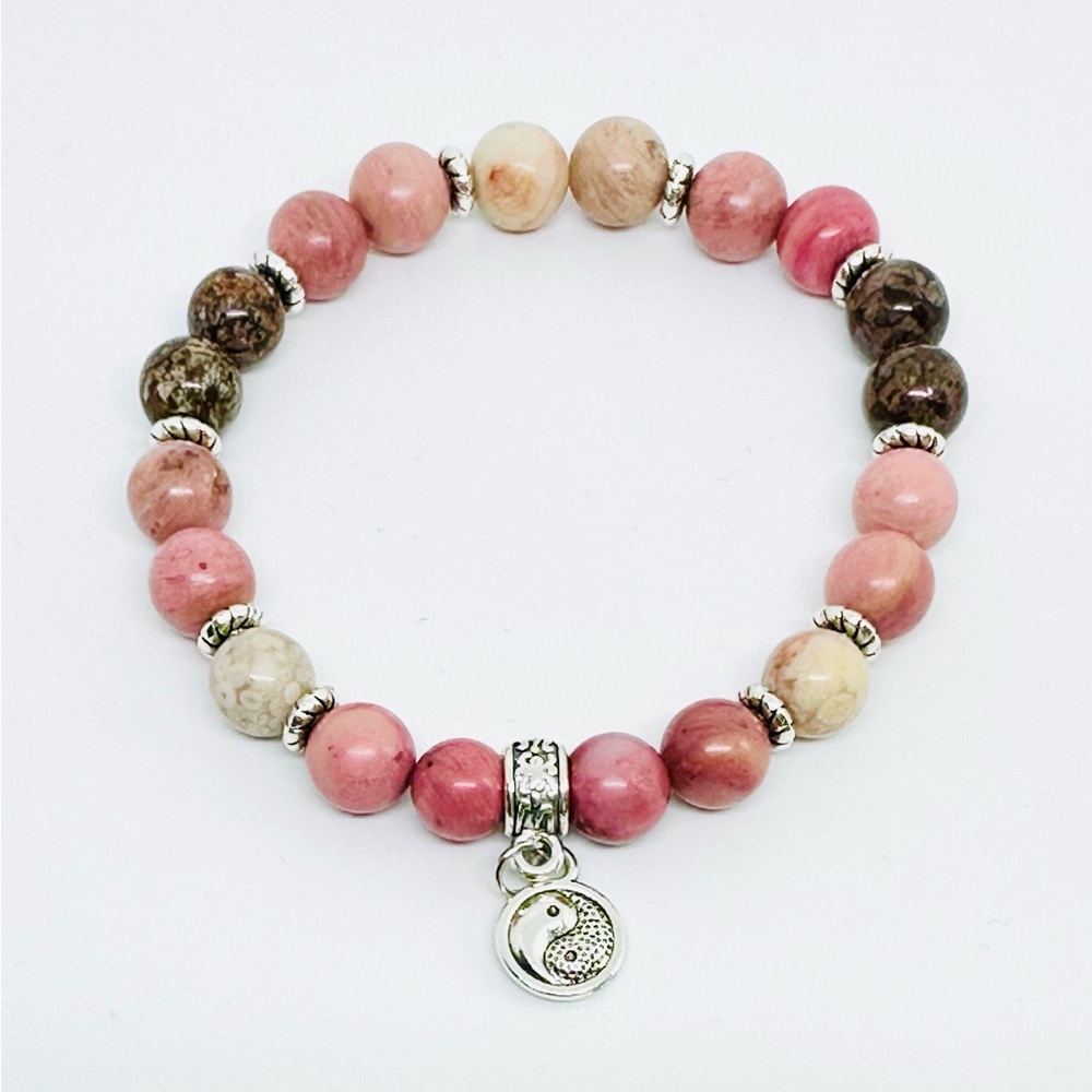 Handmade Yin Yang Natural Stone Beaded Charm Bracelet Rose Pink Cream Brown 8mm